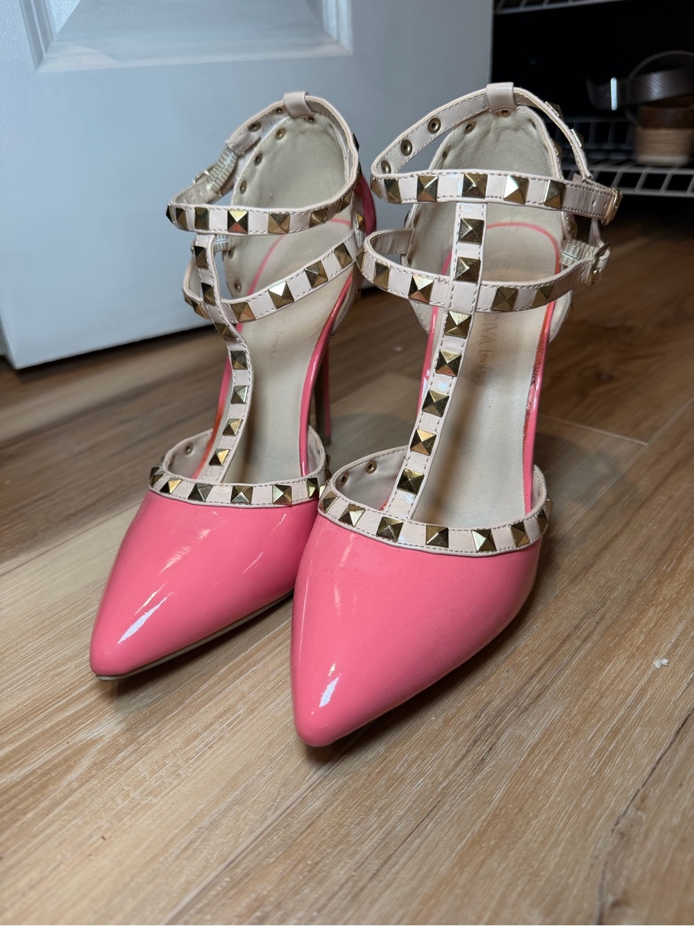 Wild Diva Pink Pointed-Toe Studded T-Strap Heels